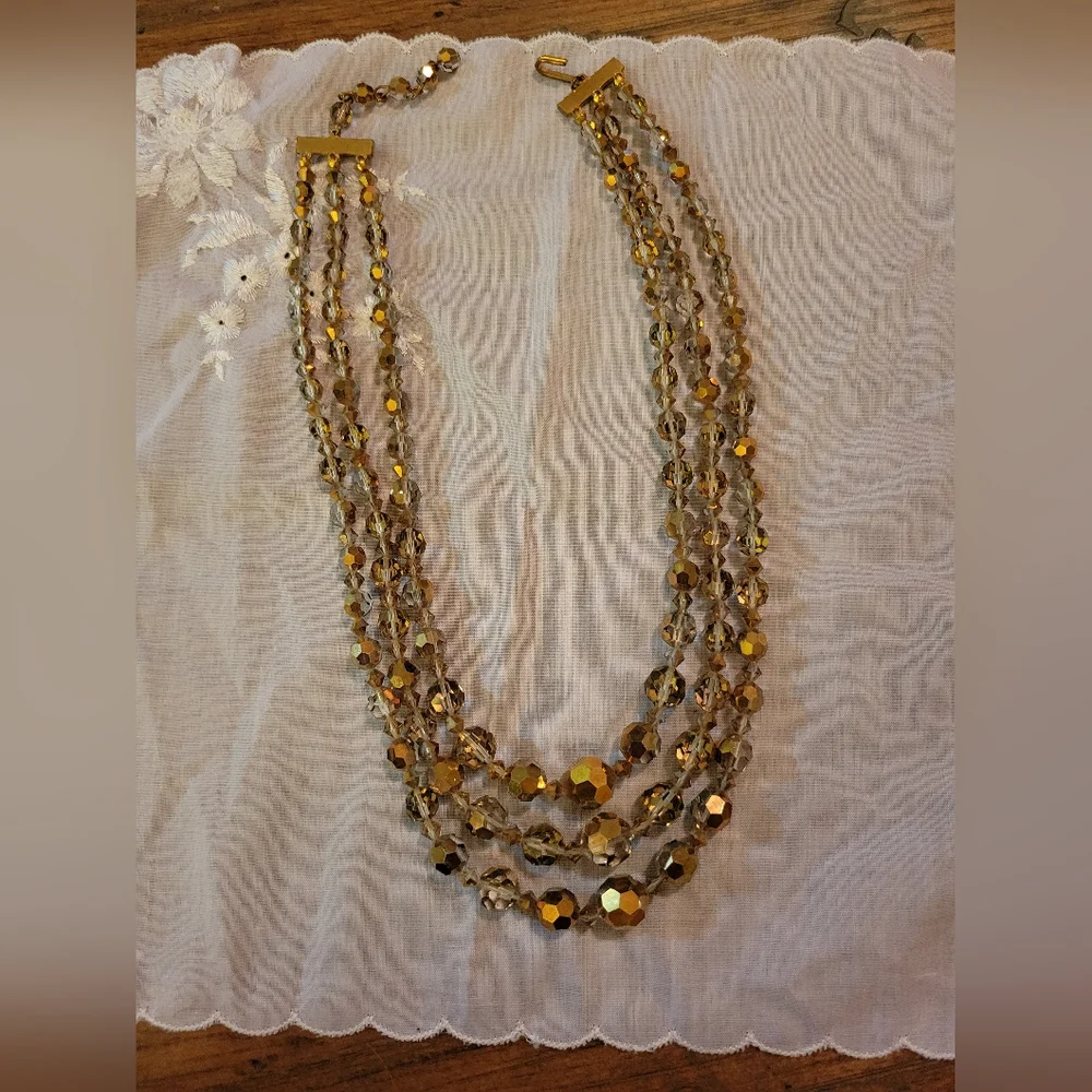 Triple Strand Champagne AB Crystal Necklace